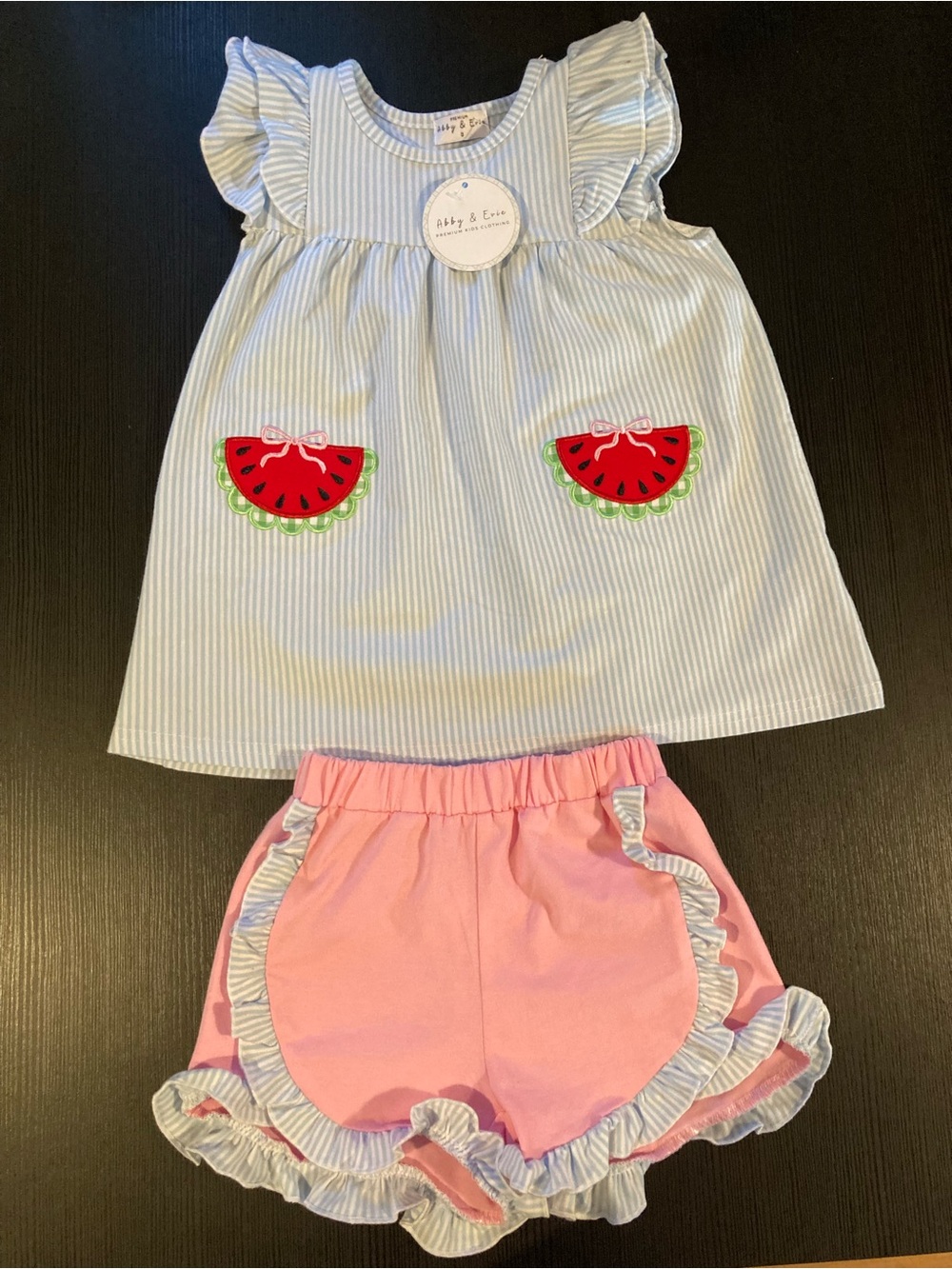 NEW - Abby & Evie Premium - Watermelon Ruffled Cotton Shorts Set - Size 3